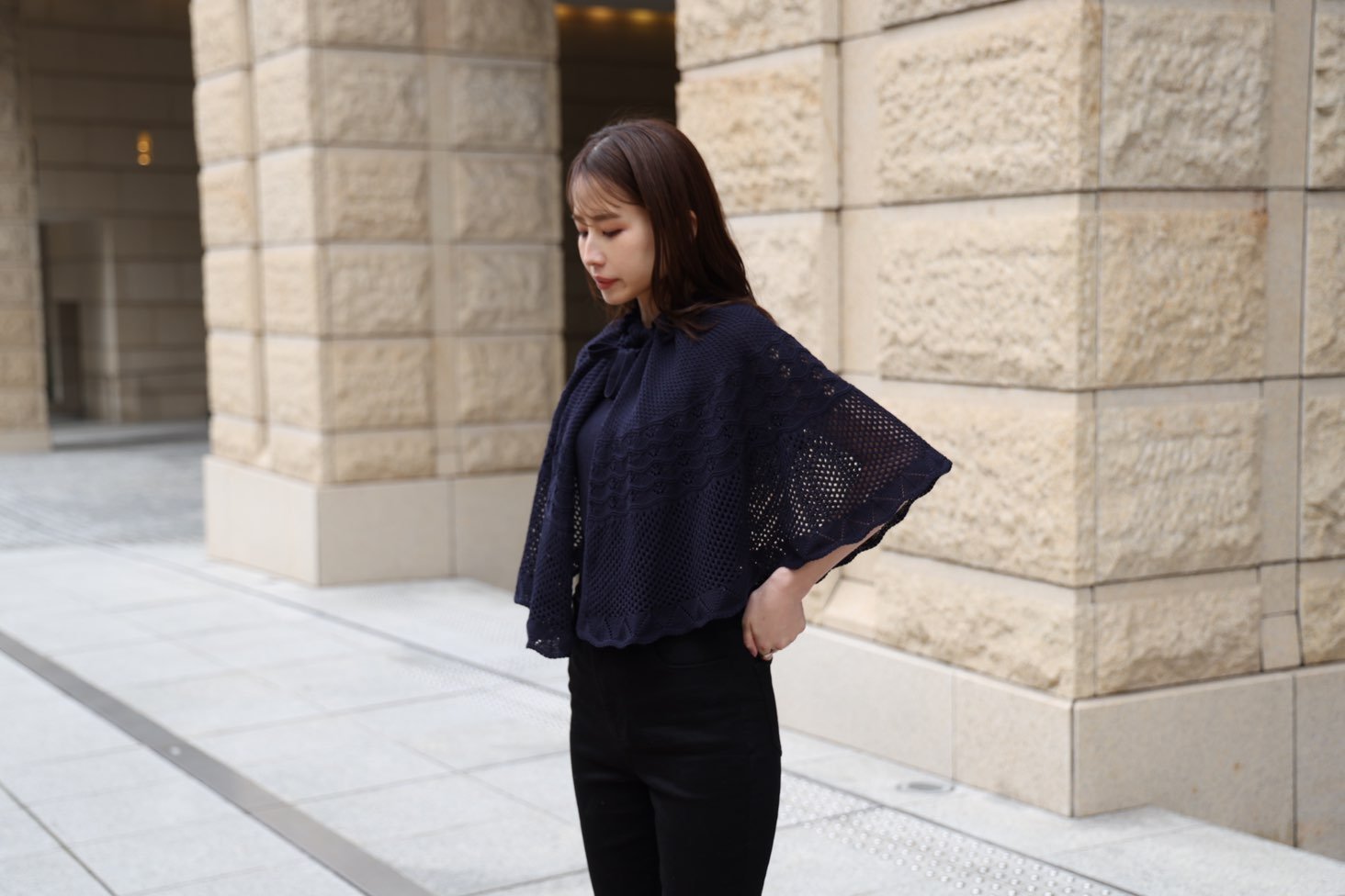 2way cape crochet knit tops - Navy – CISLYS