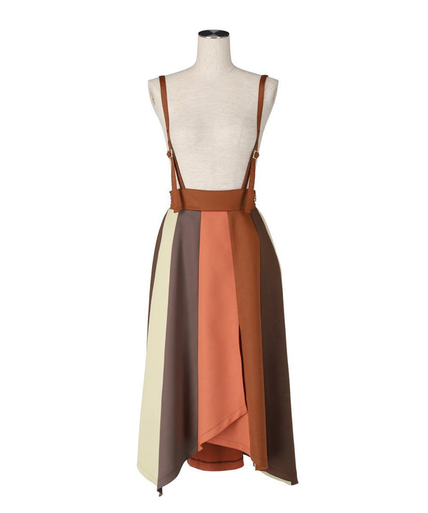 Asymmetry stripe suspender skirt - Camel - CISLYS