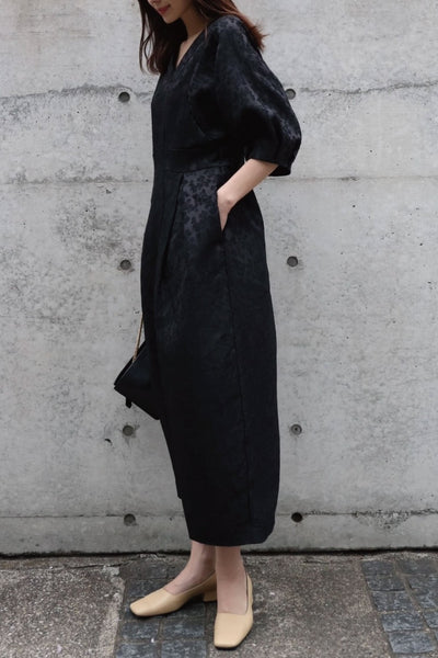Puff sleeve jacquard dress - Black - CISLYS